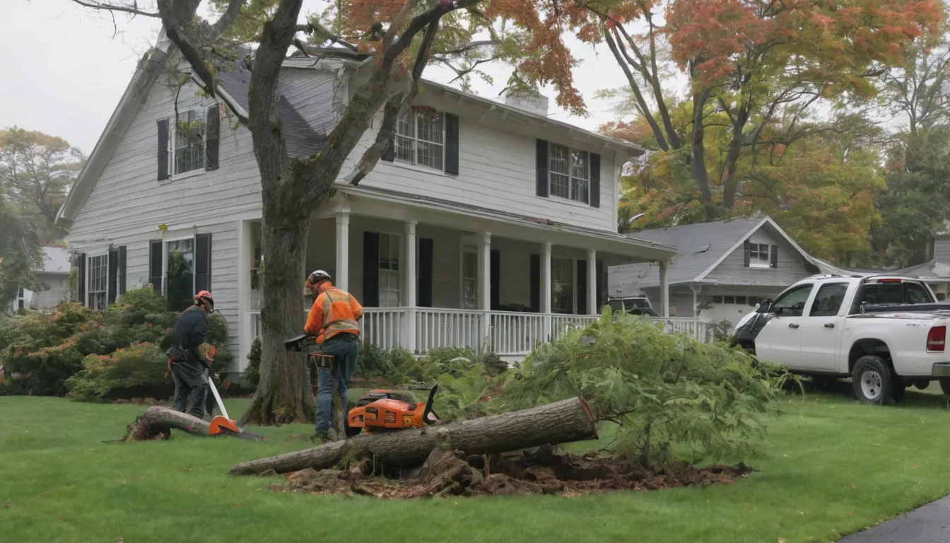 A tree service crew safely clearing a fallen tree from a Aberdeen home's front yard after a storm