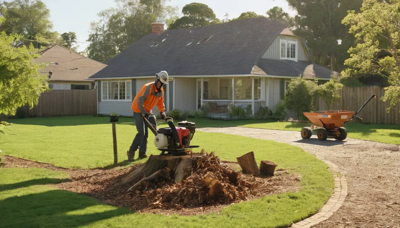 Provider grinding a tree stump in a backyard in Aberdeen while a family waits indoors